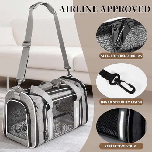 Cat Dog Carrier Soft for Small Medium Pet Up to 15 Lbs, Collapsible Portable Cat Travel Carrier, Airline Approved Small Dog Cat Carrier, Soft Sided Pet Carrier for Puppy Kitten (18x11x11) (Grey) - color: Grey