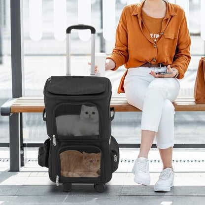 Double-Compartment Pet Rolling Carrier with Wheels, 13.78 * 10.24 * 24.01 in Ajustable Pet Carrier, 22.05 lbs Bearing Collapsible Pet Trolley Bag for Cats, Dogs, Pet Ferrets, Rabbits (Black) - color: Black