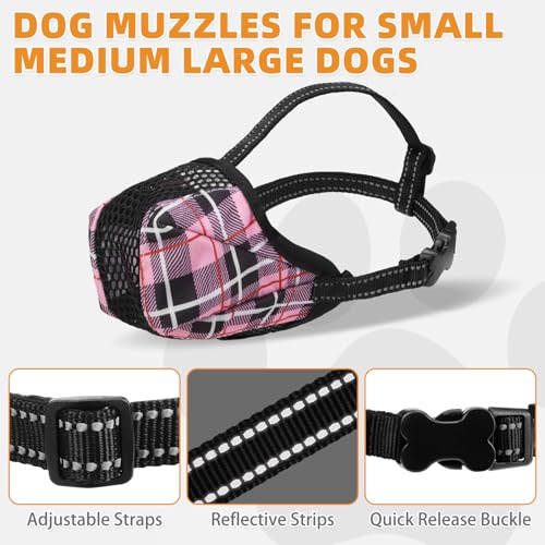 KOOLTAIL Dog Muzzle, Soft Muzzle for Small Medium Large Sized Dogs to Anti & Prevent Barking Grooming Biting, Reflective Adjustable Air Mesh Basket Muzzles, Allows Panting and Drinking, Pink Plaid S - color: Pink Plaid, size: Small