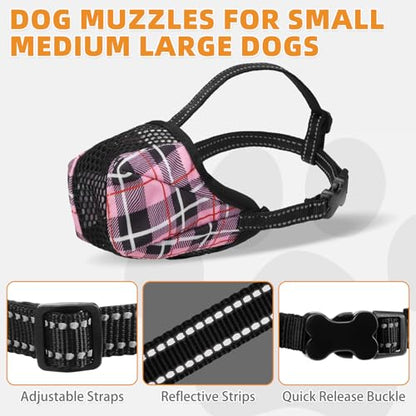 KOOLTAIL Dog Muzzle, Soft Muzzle for Small Medium Large Sized Dogs to Anti & Prevent Barking Grooming Biting, Reflective Adjustable Air Mesh Basket Muzzles, Allows Panting and Drinking, Pink Plaid L - color: Pink Plaid, size: Large