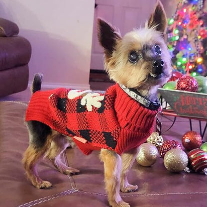 KYEESE Dog Christmas Sweater with Reindeer Pattern Cozy Winter Outfit Boy Girl Red Buffalo Plaid Knitwear Turtleneck Dog Sweater for Small Dogs with Leash Hole Soft Warm Pet Clothes, Small - color: 3#Christmas, size: Small (4-7lbs)