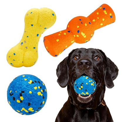 Kimee Dog Ball Stick Bone Chew Toy for Aggressive Chewers, 3 in 1 ETPU Durable Dog Toy Set, Interactive Fetch & Teething Cleaning, Floating Water Toy for Large Medium Small Puppies