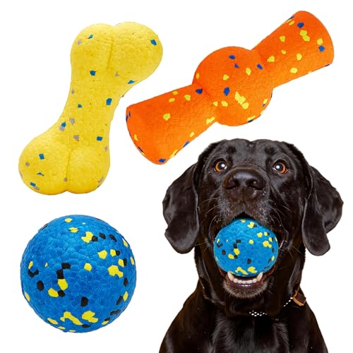 Kimee Dog Ball Stick Bone Chew Toy for Aggressive Chewers, 3 in 1 ETPU Durable Dog Toy Set, Interactive Fetch & Teething Cleaning, Floating Water Toy for Large Medium Small Puppies