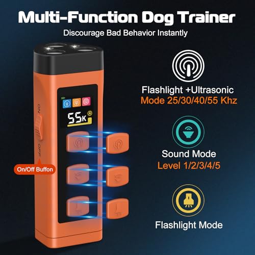 Dog Bark Deterrent Device, Color Display 2000 mAh Rechargeable Ultrasonic Anti-Barking Trainer with 4 Frequency Settings 25/30/40/55 kHz, 65ft Long-Range, Safe & Effective Alternative to Bark Collars - color: 1 Pack Orange