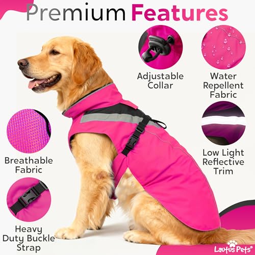 Waterproof Dog Rain Coat, Reflective Safety Strips & Leash Hole – Lightweight Adjustable Jacket for Medium Breeds - S, Pink - color: Pink, size: Small