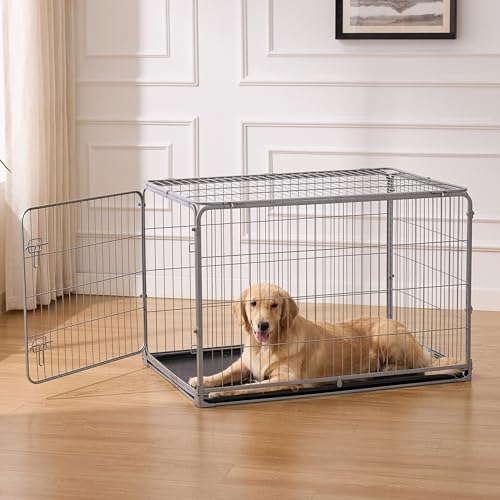 ZOMISIA Collapsible Dog Crate with Lockable Wheels - 42 inch Escape Proof Dog Kennel for Medium Dogs with Double Door, Easy Assembly Foldable Cage with Removable Tray, Indoor Outdoor Use,Silver Gray - size: 42.4"L x 28.2"W x 28.8"H