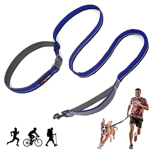 Tuff Pupper Hands Free Bungee Dog Leash | Lightweight for Running Jogging Walking | Adjustable Padded Waist Belt (24-50 inch) | Bungee Stretch 3 to 6 Feet | Strong Ballistic Nylon w/Reflective Strips - color: Blazing Blue