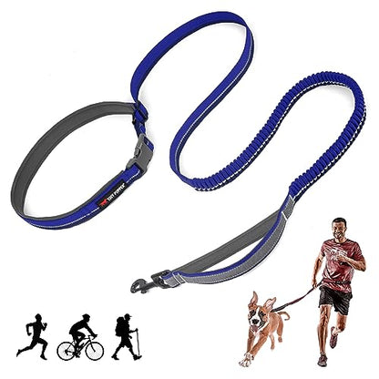 Tuff Pupper Hands Free Bungee Dog Leash | Lightweight for Running Jogging Walking | Adjustable Padded Waist Belt (24-50 inch) | Bungee Stretch 3 to 6 Feet | Strong Ballistic Nylon w/Reflective Strips - color: Blazing Blue