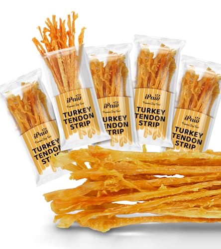 iPaw 5 Packs Value Combo Turkey Tendons for Dogs, Single Protein, Hypoallergenic, All Natural Human Grade Puppy Chew, Rawhide Alternative Dog Treats, Strip (Large) - size: 3 Ounce (Pack of 5)