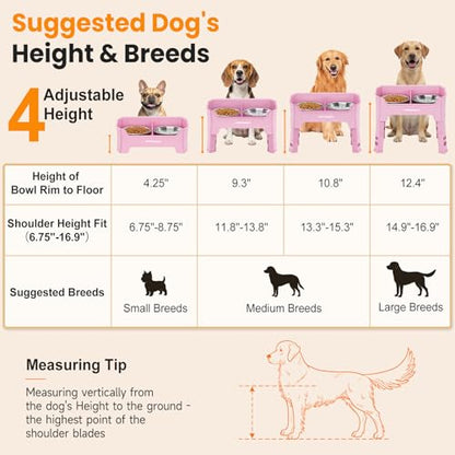 URPOWER Mess Proof Elevated Dog Bowls 4 Height Adjustable Raised Bowl Stand with 2 Stainless Steel Dog Bowls Non-Slip Food and Water Bowl Set for Small, Medium, Large Dogs, Pink - color: Pink, size: Medium