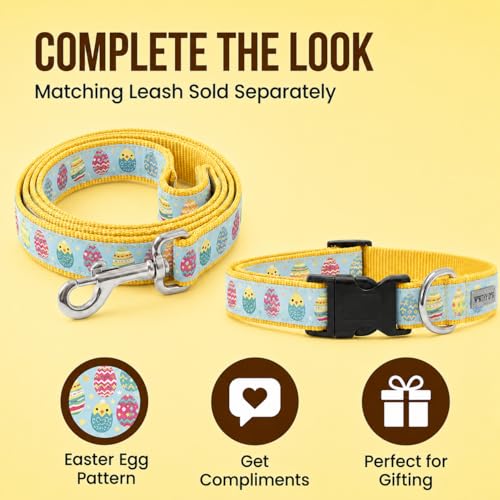 THE WORTHY DOG Spring Holiday Easter Eggs Dog Collar – Durable Nylon, Woven Ribbon, Quick-Release Buckle, Nickel D-Ring – Blue, Medium - color: Easter Eggs - Blue, size: Medium