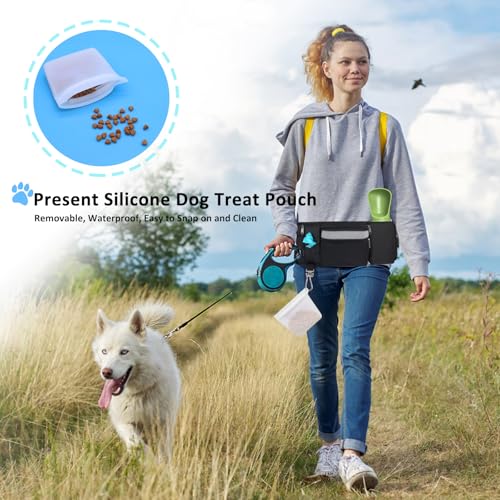 Dog Treat Pouch for Leash Waist Belt Bag, Premium Dog Treat Bag for Dogs Training Puppy Walking Fanny Pack with Divider Zipper Carrier Pocket, Water Bottle Holder, Silicone Insert,Clip,Black