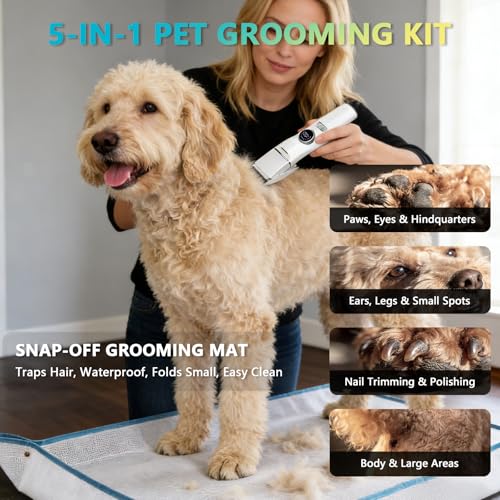 5-in-1 Dog Grooming Kit, Dog Paw Trimmer with LED Display & Light 11-Speed Rotary Knob, Low Noise Wireless Pet Clippers, Includes Easy-Clean Silicone Pad for Trimming Paw Eye Ear Facial Hair - color: Pet Clipper - With Cleaning Pad
