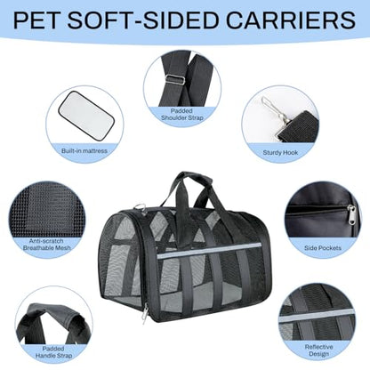 Soft Sided Pet Carrier, Airline Approved Dog Cat Travel Bag with Mesh Windows, Collapsible Portable Pet Carrier for Small Medium Dogs Cats (Black) - color: Black