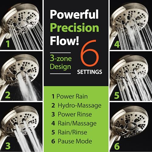 AquaDance High Pressure 6-Setting Full Brushed Nickel Handheld Shower Head with Stainless Steel Hose. Officially Independently Tested to Meet Strict US Quality & Performance Standards! - color: Brushed Nickel, size: 2.5 Gallon Per Minute, style: 2.5 Gallo