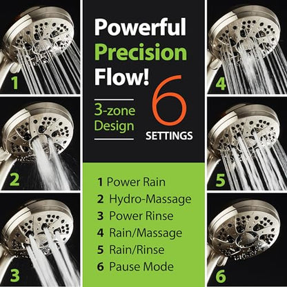 AquaDance High Pressure 6-Setting Full Brushed Nickel Handheld Shower Head with Stainless Steel Hose. Officially Independently Tested to Meet Strict US Quality & Performance Standards! - color: Brushed Nickel, size: 2.5 Gallon Per Minute, style: 2.5 Gallo