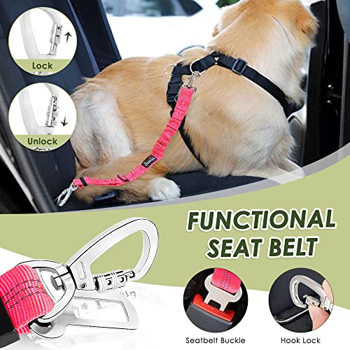 SlowTon Dog Seatbelt, 2 Pack Dog Seat Belt Car Leash Adjustable Elastic Bungee Buffer Heavy Duty Nylon Reflective Pet Safety Tether Connect to Dog Harness for Travel Riding in Vehicle (Daul Clip, FL) - color: Fluorescent pink