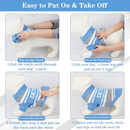 Detroit Small Dog Sweater Football Theme Turtleneck Knit Dog Sweaters for Small Pets Warm Winter Cat Dog Clothes - color: Skyblue&gray, size: Large
