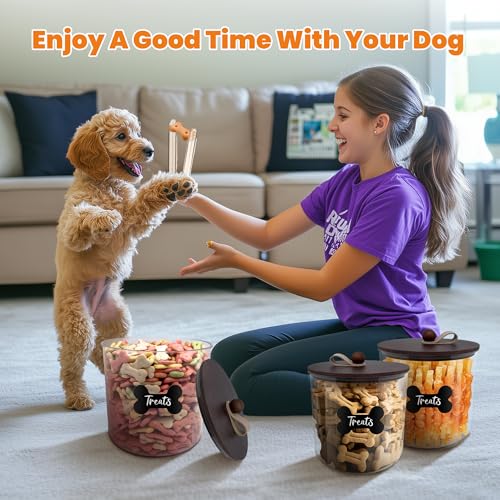 HOYTAMDAR 3 Pack Airtight Dog Treat Containers with Bamboo Lids, Dog Treat Jars with Scoops, Clamps, Labels and Marker, Dog & Cat Treat Holder, Brown - color: Brown - 3 Pack