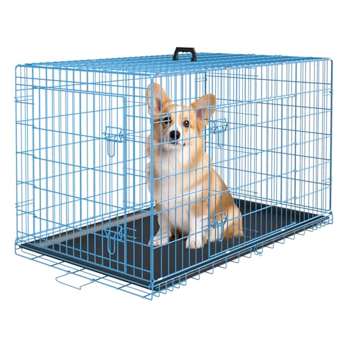 PayLessHere Medium Dog Crate Kennel 30 inches Metal Dog Cage Double-Door Folding Travel Indoor Outdoor Puppy Playpen with Divider and Handle Plastic Tray,Blue - color: Blue, size: 30.0"L x 18.0"W x 20.0"H