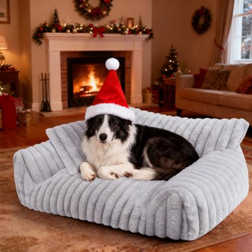 Cute Dog Cat Couch for Medium Large Dogs,Fluffy Pet Sofa Dog Couch Bed with Premium Soft Corduroy Fleece,Cute Washable Dog Bed Medium Large Size Dog,Supportive Cat Sofa Pet Bed(36x27x10,Grey) - color: Grey, size: Large