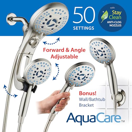Hotel Spa AquaCare for California As-Seen-On-TV High Pressure Handheld Rain 50-mode 3-way Shower Head Combo with Adjustable Arm, Anti-clog Jets, Tub & Pet Power Wash, 6 ft. Hose, Nickel Finish - color: Satin Nickel, style: 1.8 Gallons Per Minute