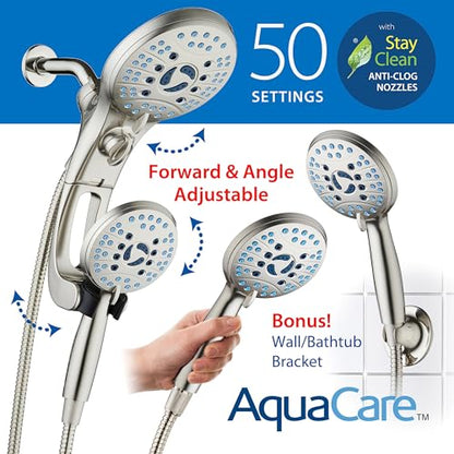 Hotel Spa AquaCare for California As-Seen-On-TV High Pressure Handheld Rain 50-mode 3-way Shower Head Combo with Adjustable Arm, Anti-clog Jets, Tub & Pet Power Wash, 6 ft. Hose, Nickel Finish - color: Satin Nickel, style: 1.8 Gallons Per Minute