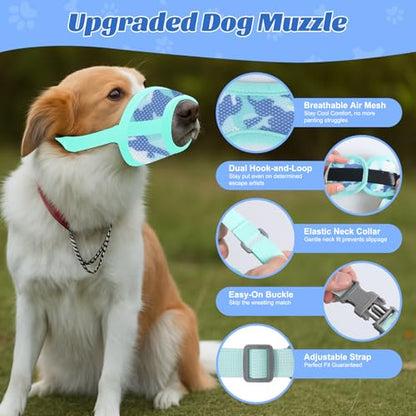 Dog Muzzle with Escape-Proof Elastic Neck Collar, Soft Breathable Air Mesh Mouth Cover Stops Biting Barking Chewing Allows Drinking Panting, Adjustable Muzzle for Small Medium Large Dogs - color: Green/Blue, size: S