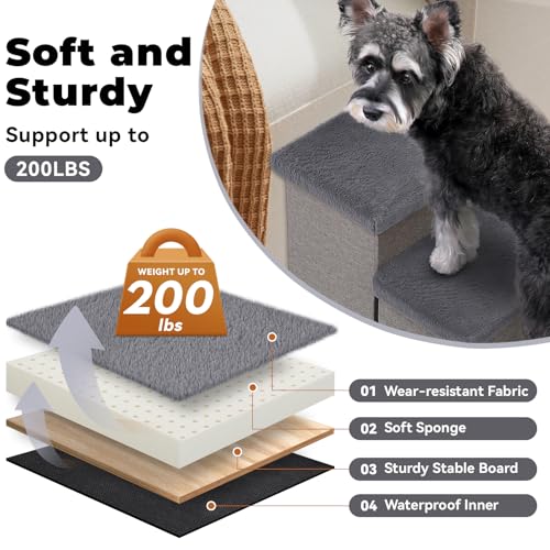 Zerbuger Dog Stairs with Furry Lids 18" H, 3-Step Wider Dog Steps with Storage for Small/Medium/Large Old Dogs Cats, Folding Sturdy Pet Stairs Climbing Bed Couch, Ramp for Car Hold Up to 200 lbs, Grey