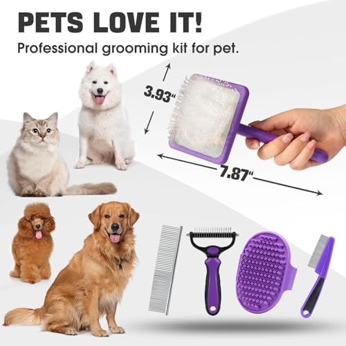 Bonteck Dog Slicker Brush for Dogs Grooming Kit 5PCS | Large Dog Brush for Goldendoodles Poodles Doodles | Long Pin Haired Brush | Poodle Brushes and Comb (Purple) - color: Purple