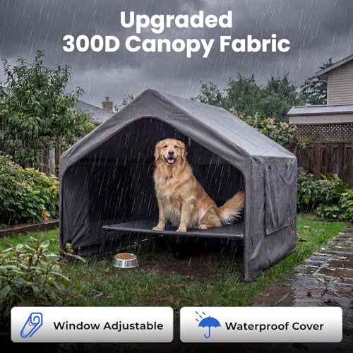 Zooba Extra Large Dog Shade with Elevated Bed, Outdoor Dog House for Large Breeds, 4’×4’×3.3’ Dog Shelter with Canopy, Dog Tent for Outside, 2-in-1 Separate Design, Grey