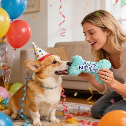 PrimePets Dog Birthday Toys, Plush Dog Squeaky Toys, Stuffed Puppy Chew Toy for Small Medium Large Dogs, Bone Pet Toy
