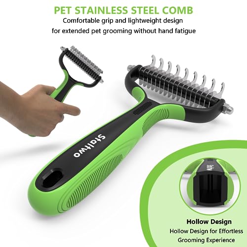 STALTWO Pet Grooming Supplies - 2-in-1 Professional Undercoat Rake and Pet Brush | Shedding Control for Long Haired Dogs and Cats, Deshedding Tool, Pet Grooming for Dogs and Cats, Green - color: Green