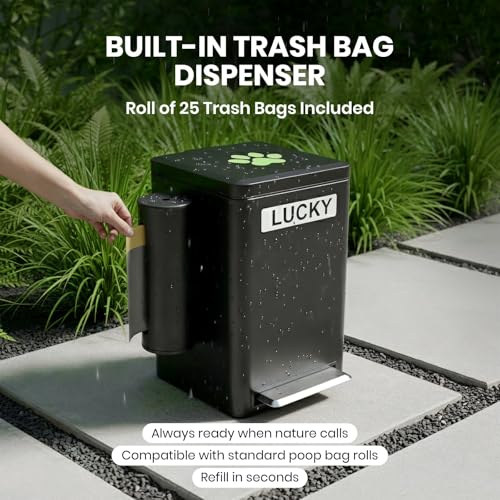 Dog Poop Trash Can Outside, 6L Metal Outdoor Dog Waste Bin with Lid & Soft Close Pedal, Pet Waste Container with Charcoal Filter, Removable Inner Bucket, Bag Holder, Stickers & Custom Name Plate