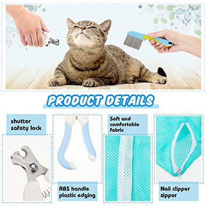 8 Pcs Cat Muzzle Set with Adjustable Cat Bathing Bag, Breathable Muzzle Pet for Shower Grooming Brush Tick Remover Tool Nail Clipper Nail File for Dog, Bunny Cleaning Trimming(M Size,Blue) - size: M Size
