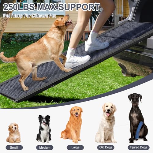 Dog Ramp for Car 63" Long & 17" Wide Portable Dog Ramps for Large Dogs with Non-Slip Rug Surface Dog Car Ramp for SUV Car & Truck, Folding Dog Ramp Up to 250LBS - size: Upgraded 63" L x 17.2" W