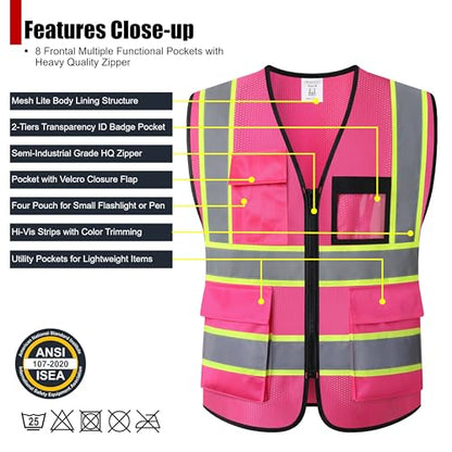 Reflective Safety Vest for Men Women Hi Vis Vest with 8 Pockets High Visibility Mesh Reflective Vest Meets ANSI/ISEA Standards (Pink-07,Large) - color: Pink, size: Large