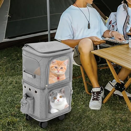 Double-Compartment Pet Rolling Carrier with Wheels, 13.78 * 10.24 * 24.01 in Ajustable Pet Carrier, 22.05 lbs Bearing Collapsible Pet Trolley Bag for Cats, Dogs, Pet Ferrets, Rabbits (Grey) - color: Grey