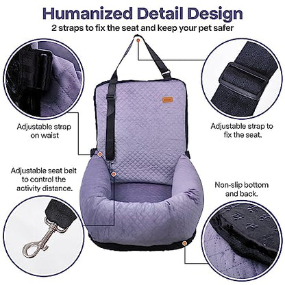Dog Car Seat for Small Medium Dogs Up to 40lbs, Detachable Washable Soft Pet Booster Travel Bed for Front & Purple Seat with Safety Leash Belt - color: Purple