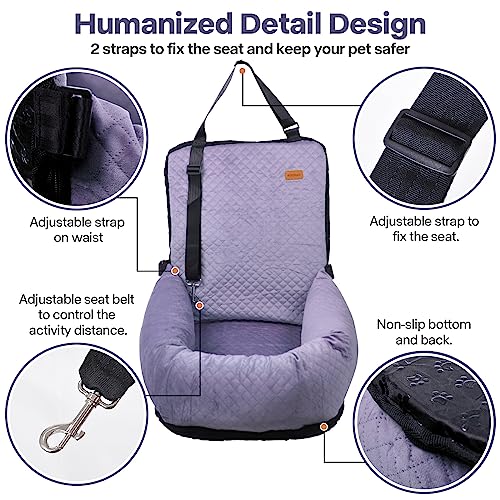 Dog Car Seat for Small Medium Dogs Pet Up to 40 lbs Purple | Detachable Washable, Soft Pet Booster Travel Bed for Front & Seat with Safety Leash Belt - color: Purple
