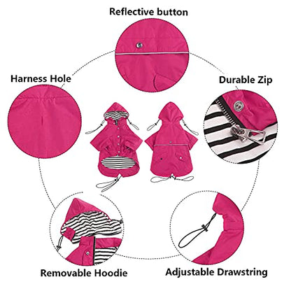 Morezi Dog Zip Up Raincoat with Reflective Buttons, Rain/Water Resistant, Adjustable Drawstring, Removable Hood, Raincoats with Legs 8lbs to 80lbs Available - Pink - XS - color: Pink, size: X-Small