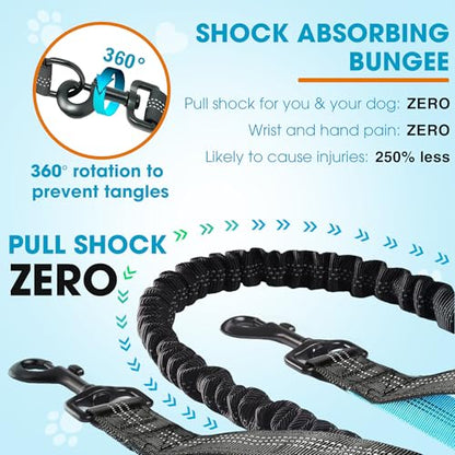 Hands Free Dog Leash with Waist Belt – No-Pull Bungee, Dual Padded Handles & Zipper Pouch for Running, Walking & Training – Adjustable Waist Leash for Large & Medium Dogs (Black)