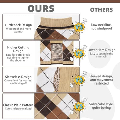 KOOLTAIL Dog Sweater Pet Knitted Clothes - Classic Plaid Pullover Turtleneck Thick Warm Fall Dog Sweaters with Leash Hole, Soft Dog Winter Clothes for Small Medium Large Dogs Cats Puppy Girls Boys,SM - color: Khaki, size: Small/Medium