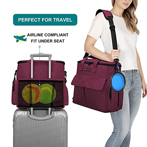 Airline Approved Pet Travel Bag, Weekend Travel Set for Dog and Cat, Airline Approved Tote Organizer with Multi-Function Pockets, 2 Dog Food Storage Containers, 2 Collapsible Bowls (Rose Red) - color: Rose Red