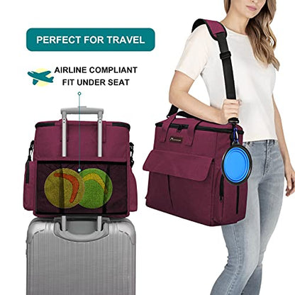 Airline Approved Pet Travel Bag, Weekend Travel Set for Dog and Cat, Airline Approved Tote Organizer with Multi-Function Pockets, 2 Dog Food Storage Containers, 2 Collapsible Bowls (Rose Red) - color: Rose Red