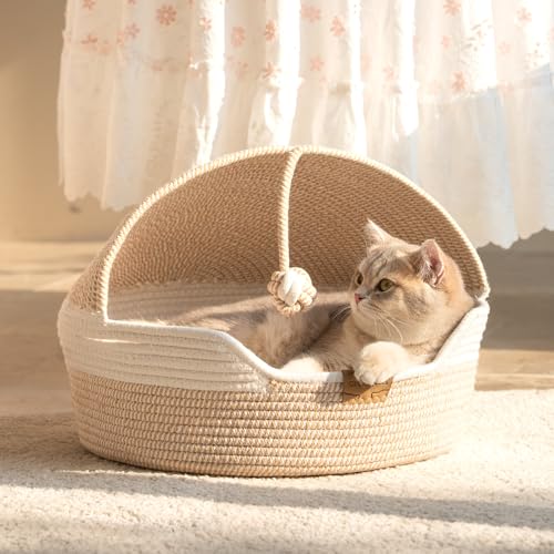 CHEERPALS Cat Basket Bed with Washable Cushion and Ball Rope Cotton, Covered Pet Bed for Indoor Cats Cave Bed Hooded, Stimulicat Cat Bed Handwoven Breathable, All Season Universal(White) - color: White