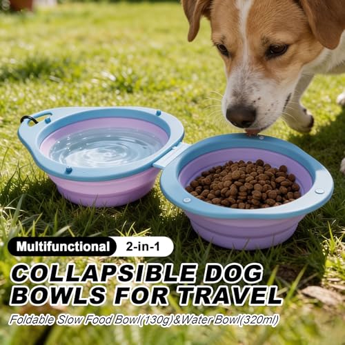 2-in-1 Purple Collapsible Dog Bowls with Carabiner | Foldable Water Bowl(320ml) Foldable Slow Food Bowl(130g) for Dogs Cats Travel Hiking Camping - color: Purple
