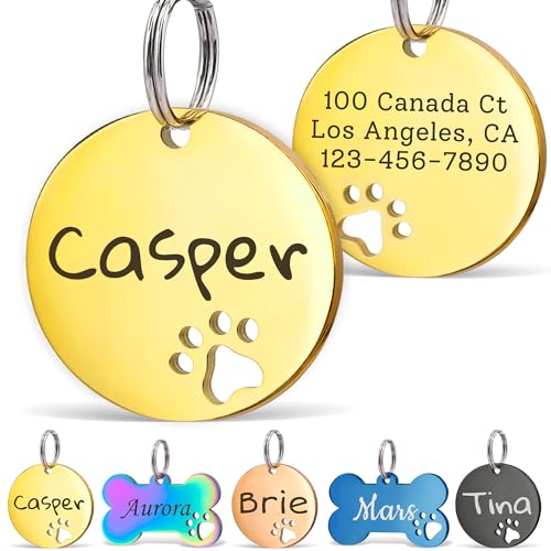 Anavia Paw Print Pet ID Tags, S/M/L Personalized Color Plated Stainless Steel Cat Dog Tags, Customized Engraved Glossy Dog Name Tag Pet Collar Tag (Gold, Round-Small) - color: Gold, size: Round-Small