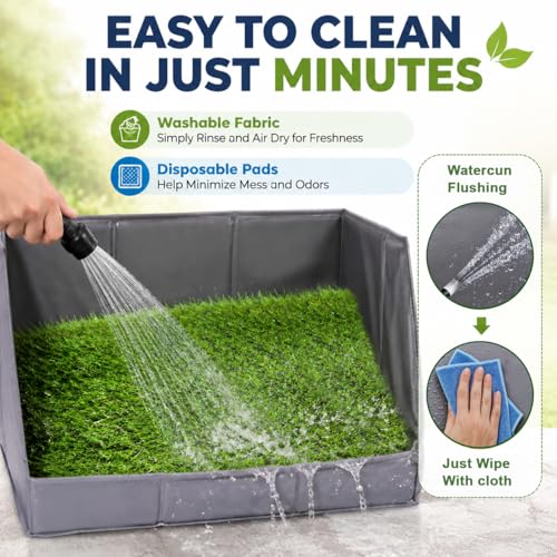 Dog Potty Tray with High Walls and Artificial Grass, 32" x 21"x 16"Foldable Indoor Dog Toilet,Waterproof Dog Pee Pad Holder with Leakproof Liner, Portable Pet Litter Box for Small Medium Dogs