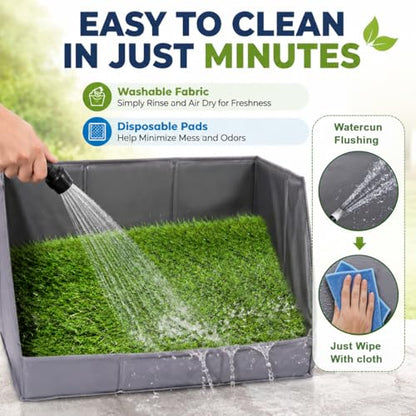 Dog Potty Tray with High Walls and Artificial Grass, 32" x 21"x 16"Foldable Indoor Dog Toilet,Waterproof Dog Pee Pad Holder with Leakproof Liner, Portable Pet Litter Box for Small Medium Dogs